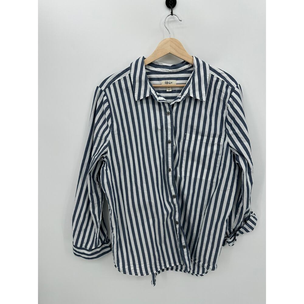 Style & Co Women XL Blue Striped Button Down Shirt Nautical Coastal Cotton BL10